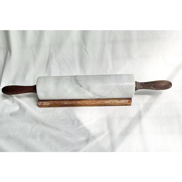 Vintage Heavy Marble Rolling Pin with Stand - Dark Wood, White and Grey Marble - Picture 1 of 10